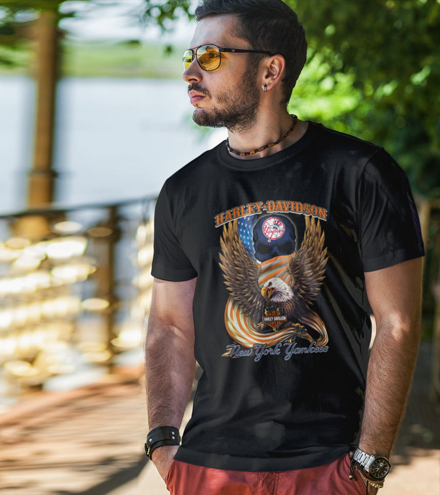 Harley Davidson New York Yankees Bald Eagle American Flag T-Shirt