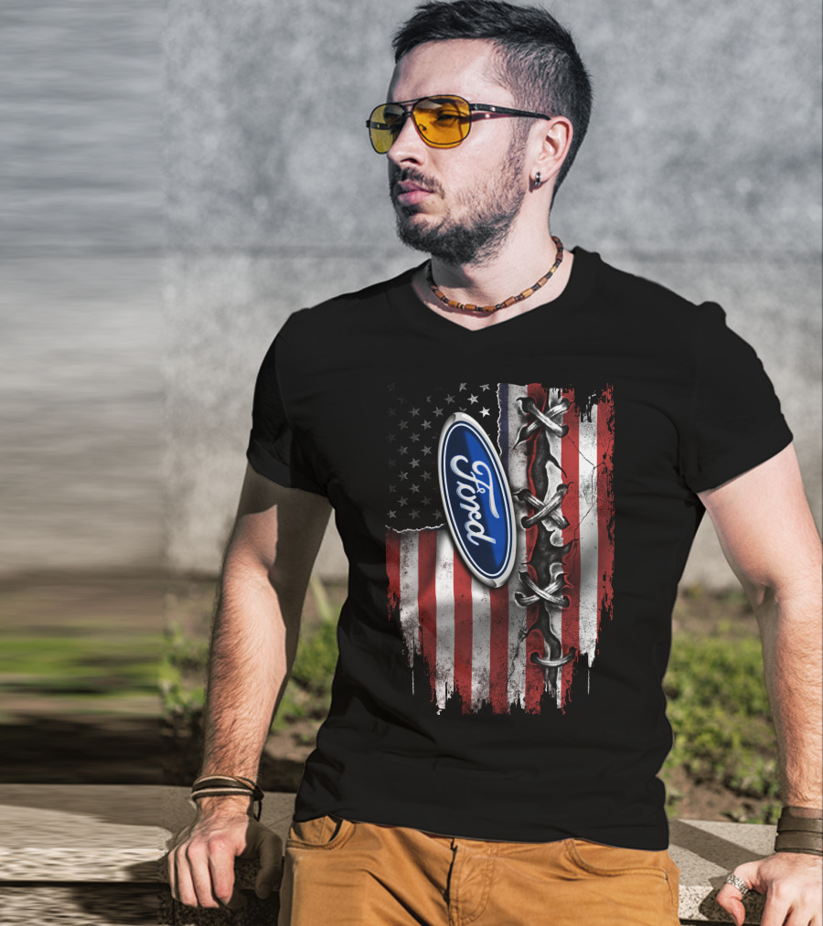 Ford American Flag Distressed Laced T-Shirt