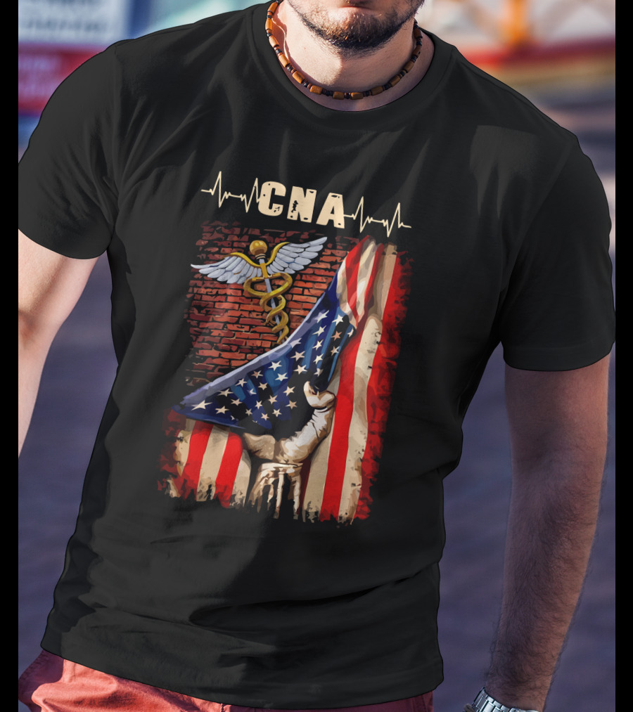CNA Nurse American Flag Caduceus Symbol With Heartbeat T-Shirt