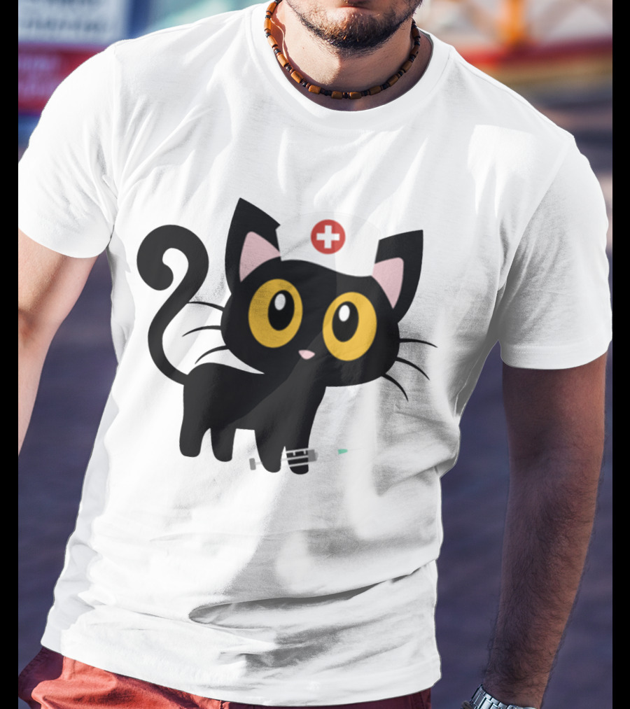 Cat Nurse Cute Black Cat With Syringe And Nurse Hat T-Shirt