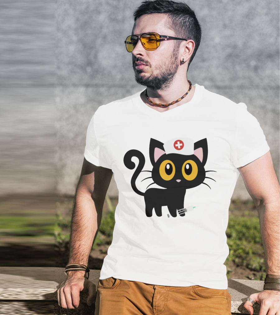 Cat Nurse Cute Black Cat With Syringe And Nurse Hat T-Shirt