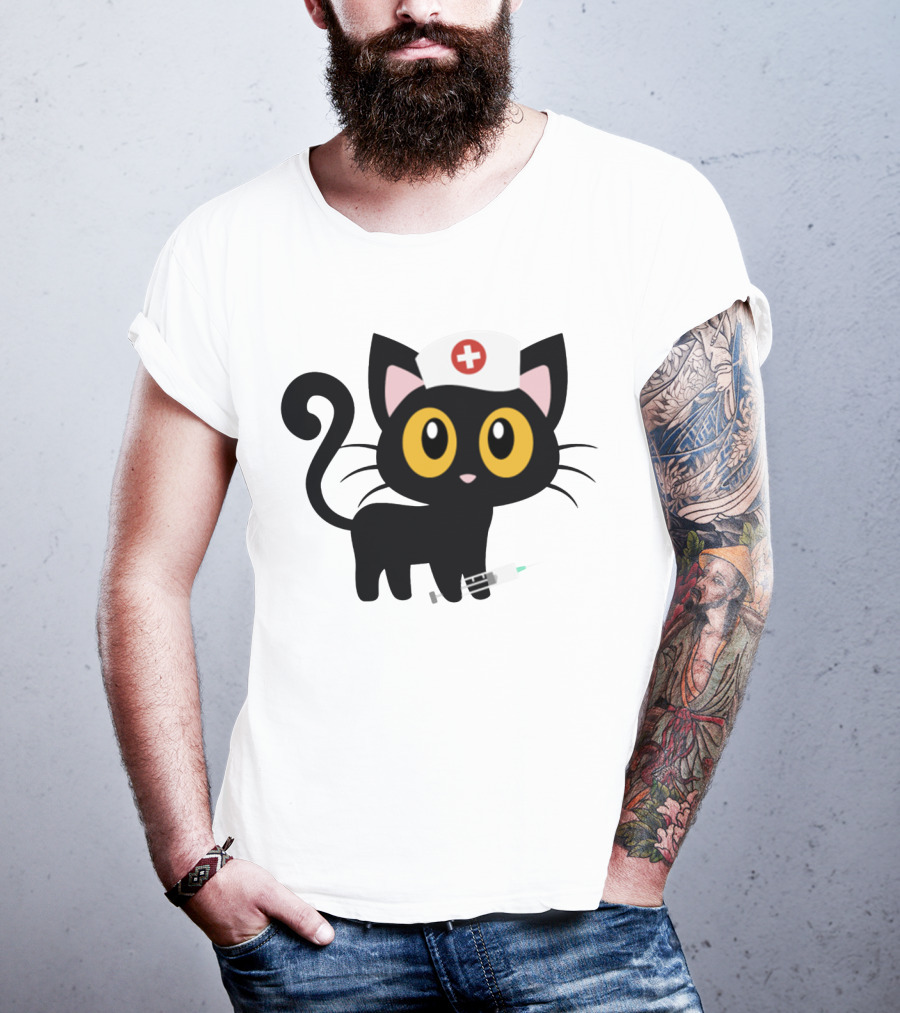 Cat Nurse Cute Black Cat With Syringe And Nurse Hat T-Shirt