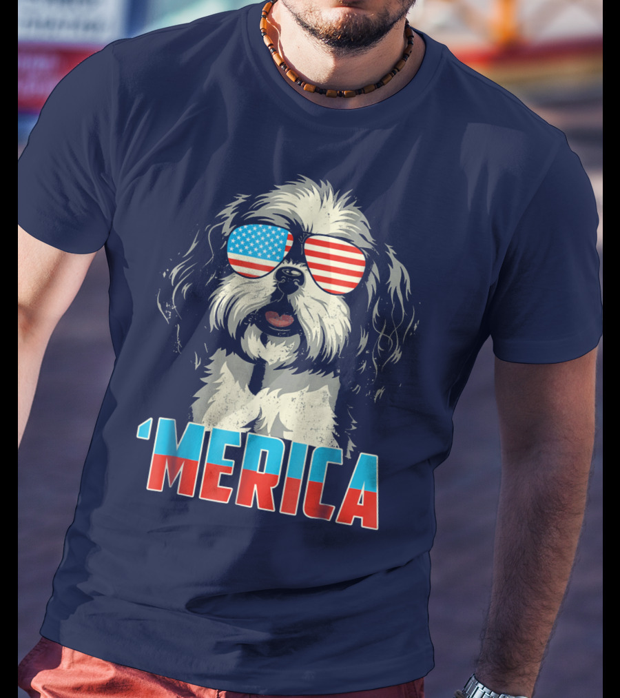 Patriotic Shih Tzu 'Merica With American Flag Sunglasses T-Shirt