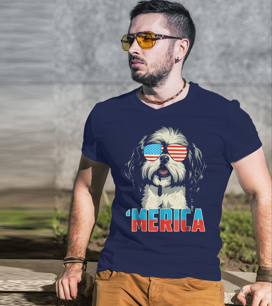 Patriotic Shih Tzu 'Merica With American Flag Sunglasses T-Shirt