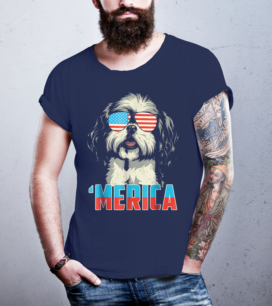 Patriotic Shih Tzu 'Merica With American Flag Sunglasses T-Shirt
