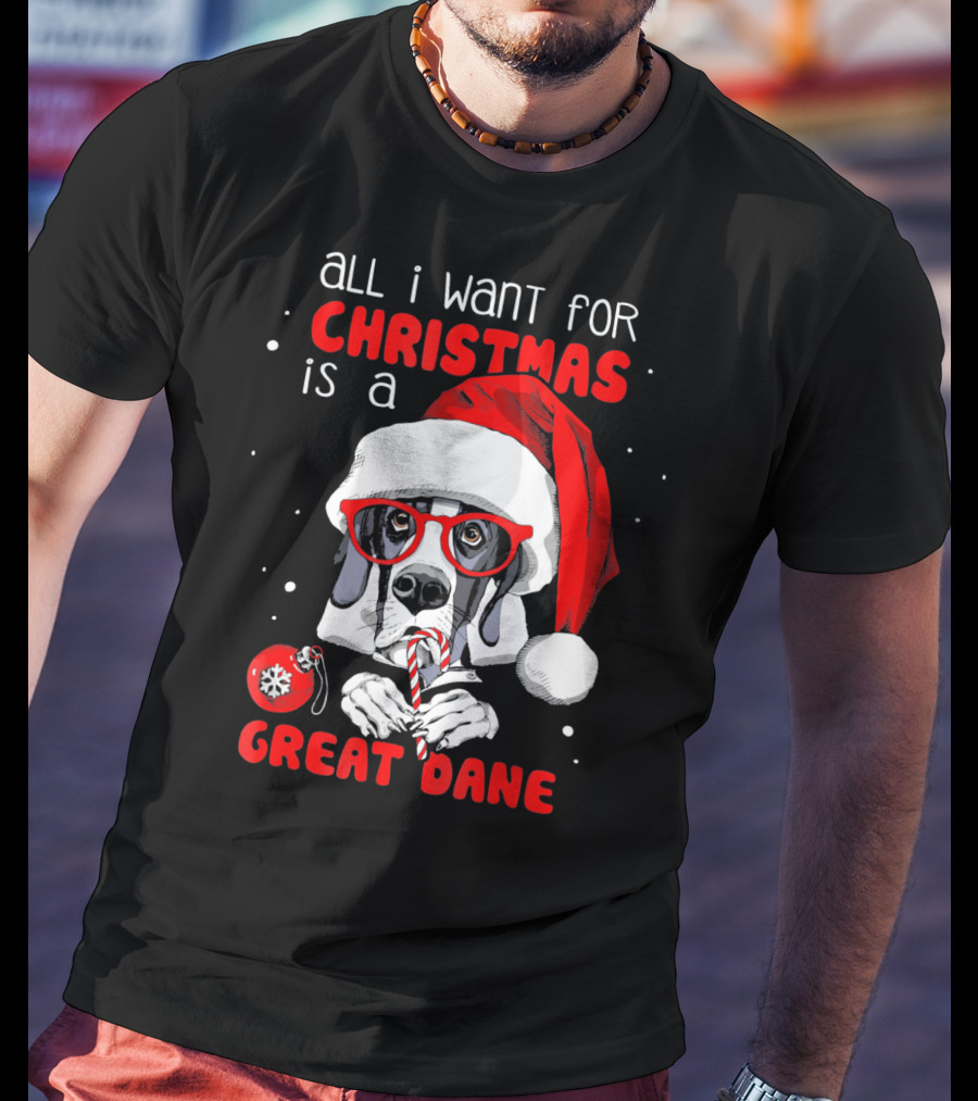 All I Want For Christmas Is A Great Dane Santa Hat Red Glasses Candy Cane T-Shirt