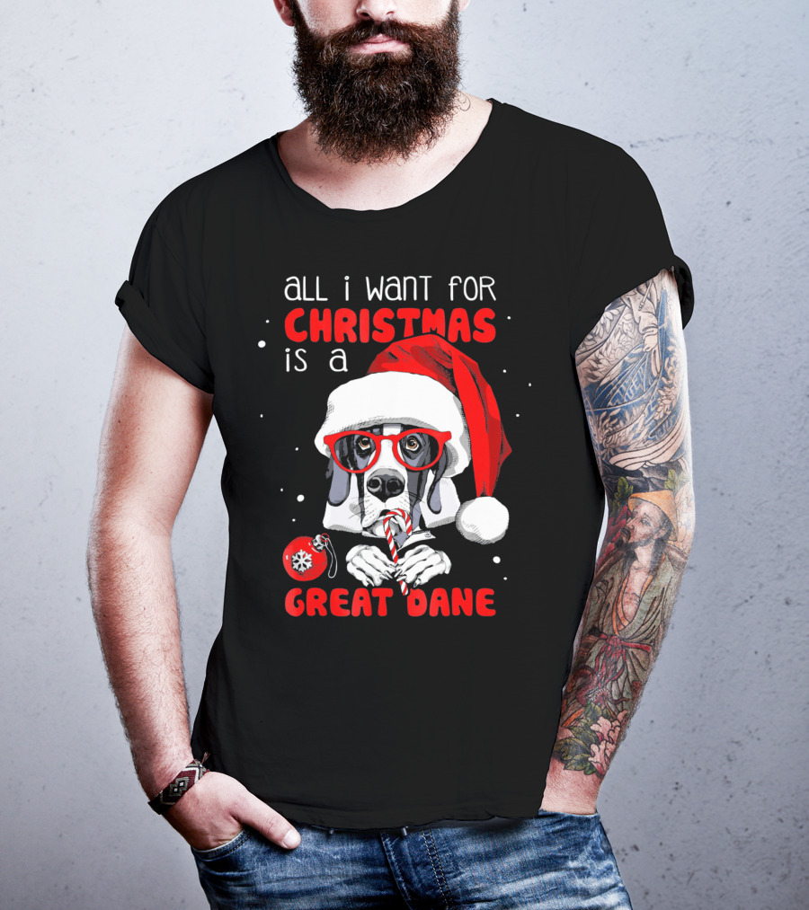 All I Want For Christmas Is A Great Dane Santa Hat Red Glasses Candy Cane T-Shirt