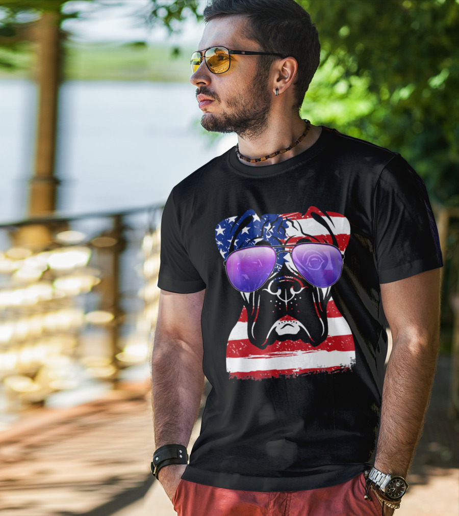 Boxer Dog With American Flag Sunglasses Patriotic T-Shirt