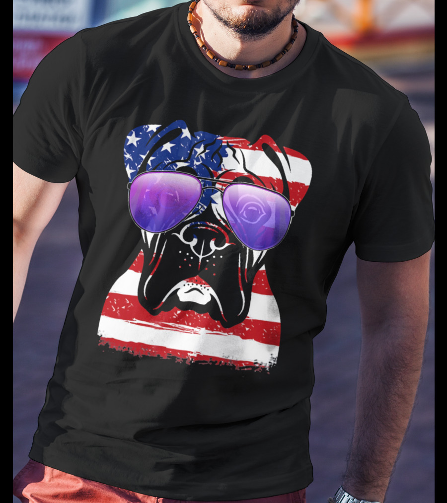 Boxer Dog With American Flag Sunglasses Patriotic T-Shirt