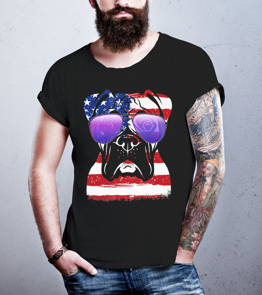 Boxer Dog With American Flag Sunglasses Patriotic T-Shirt