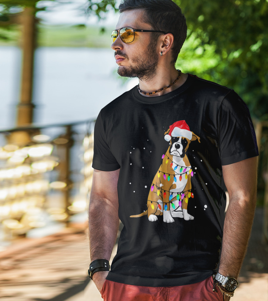 Boxer Dog Wrapped In Christmas Lights With Santa Hat T-Shirt