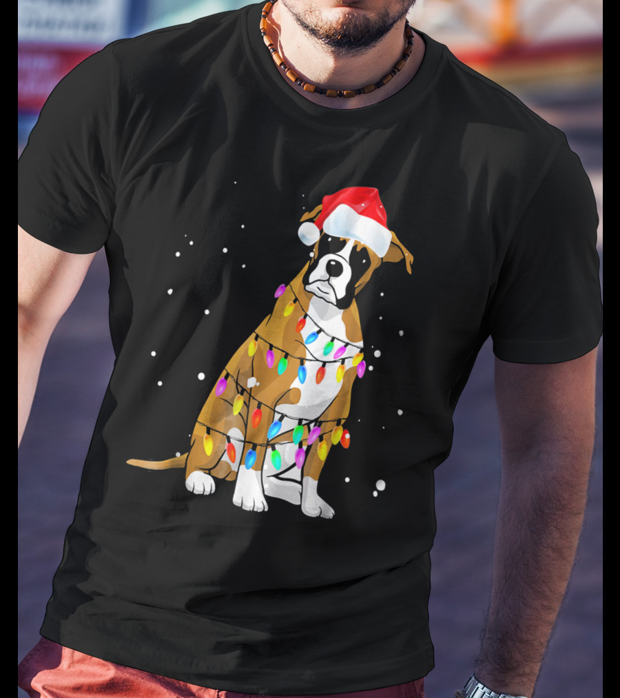 Boxer Dog Wrapped In Christmas Lights With Santa Hat T-Shirt