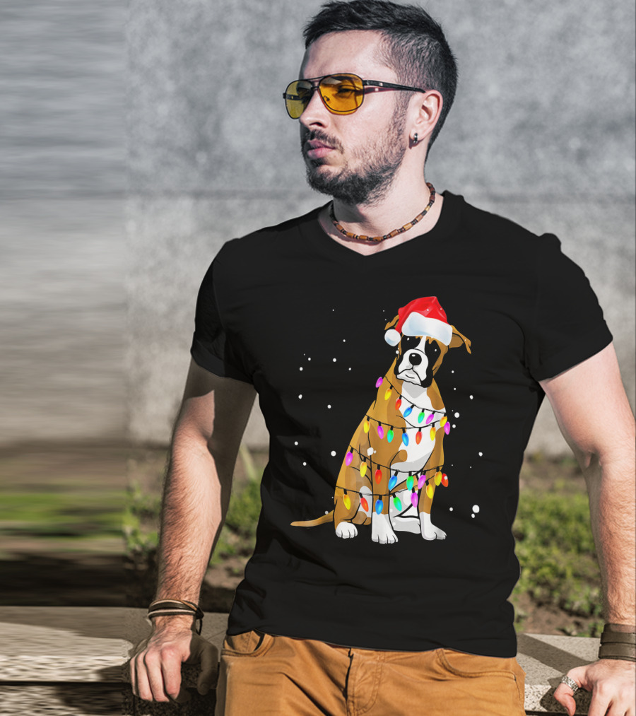Boxer Dog Wrapped In Christmas Lights With Santa Hat T-Shirt