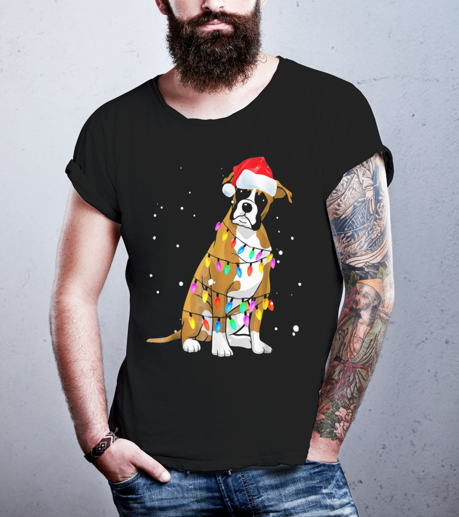 Boxer Dog Wrapped In Christmas Lights With Santa Hat T-Shirt