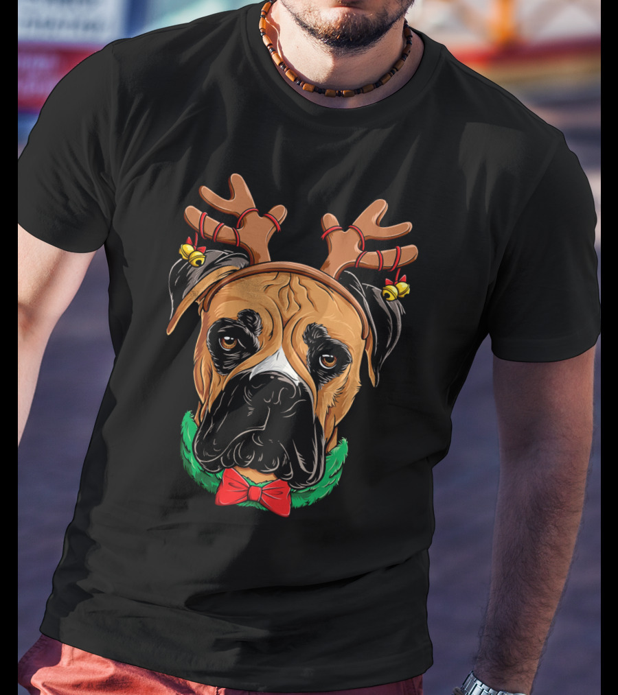 Boxer Dog With Reindeer Antlers Bow Tie Christmas T-Shirt