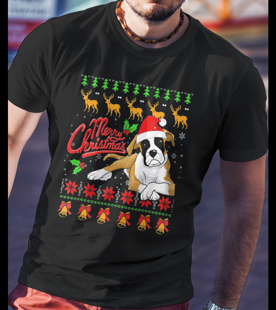 Merry Christmas Boxer Dog Santa Hat Reindeer Snowflakes T-Shirt