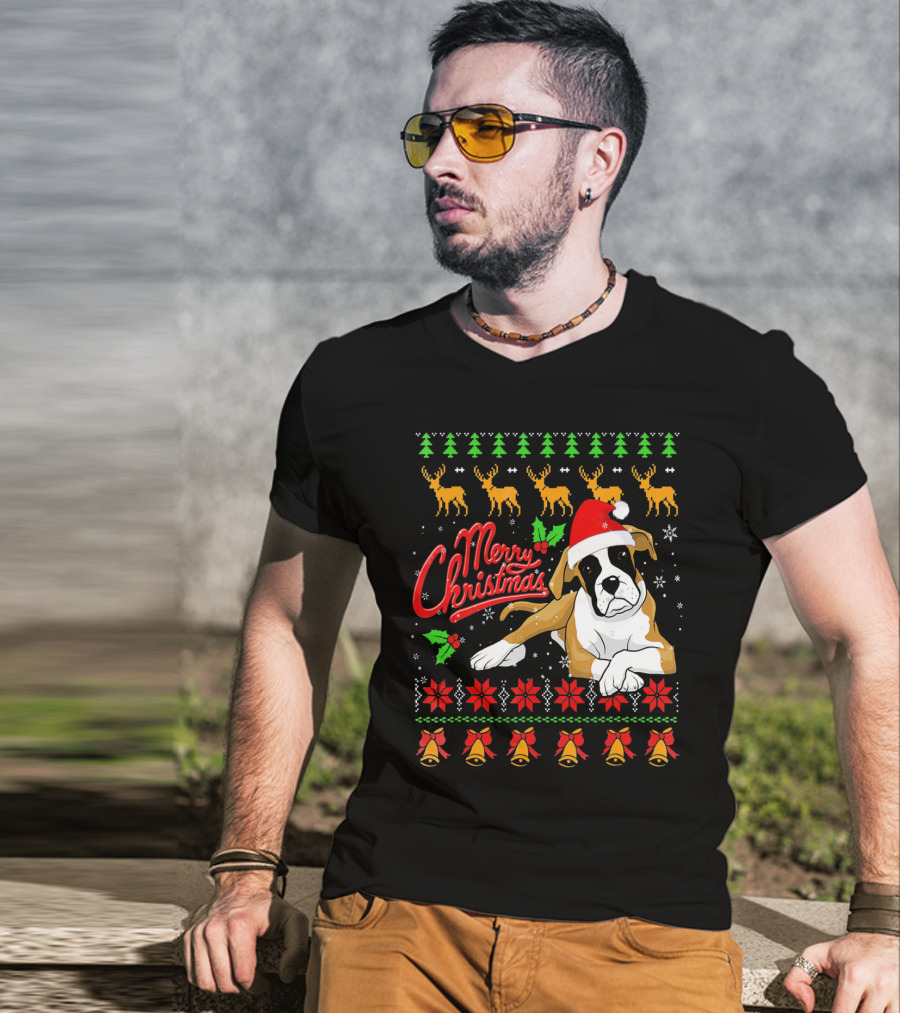 Merry Christmas Boxer Dog Santa Hat Reindeer Snowflakes T-Shirt