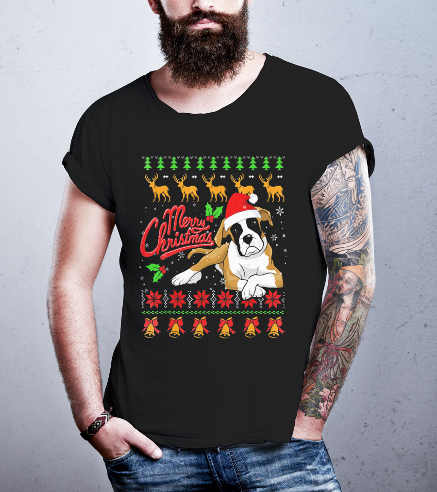 Merry Christmas Boxer Dog Santa Hat Reindeer Snowflakes T-Shirt