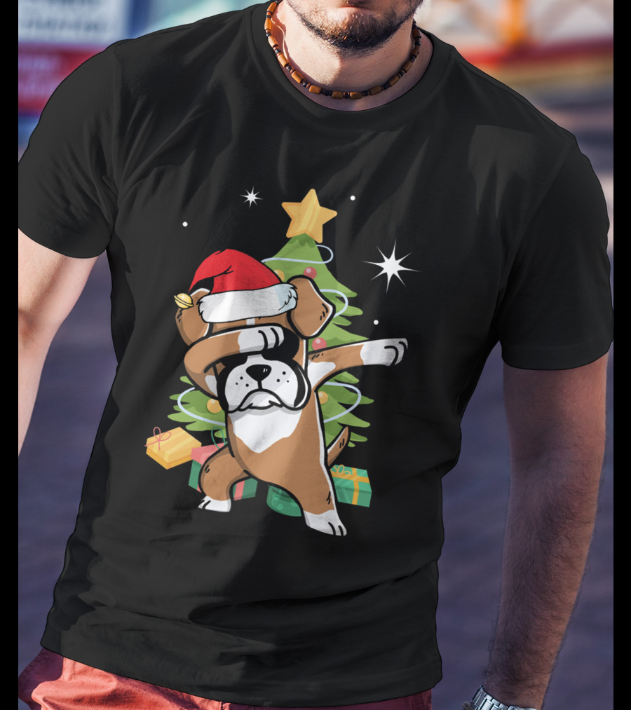 Christmas Boxer Dog Dabbing In Front Of Tree With Gifts T-Shirt