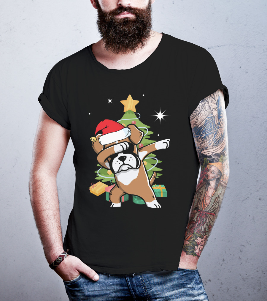 Christmas Boxer Dog Dabbing In Front Of Tree With Gifts T-Shirt