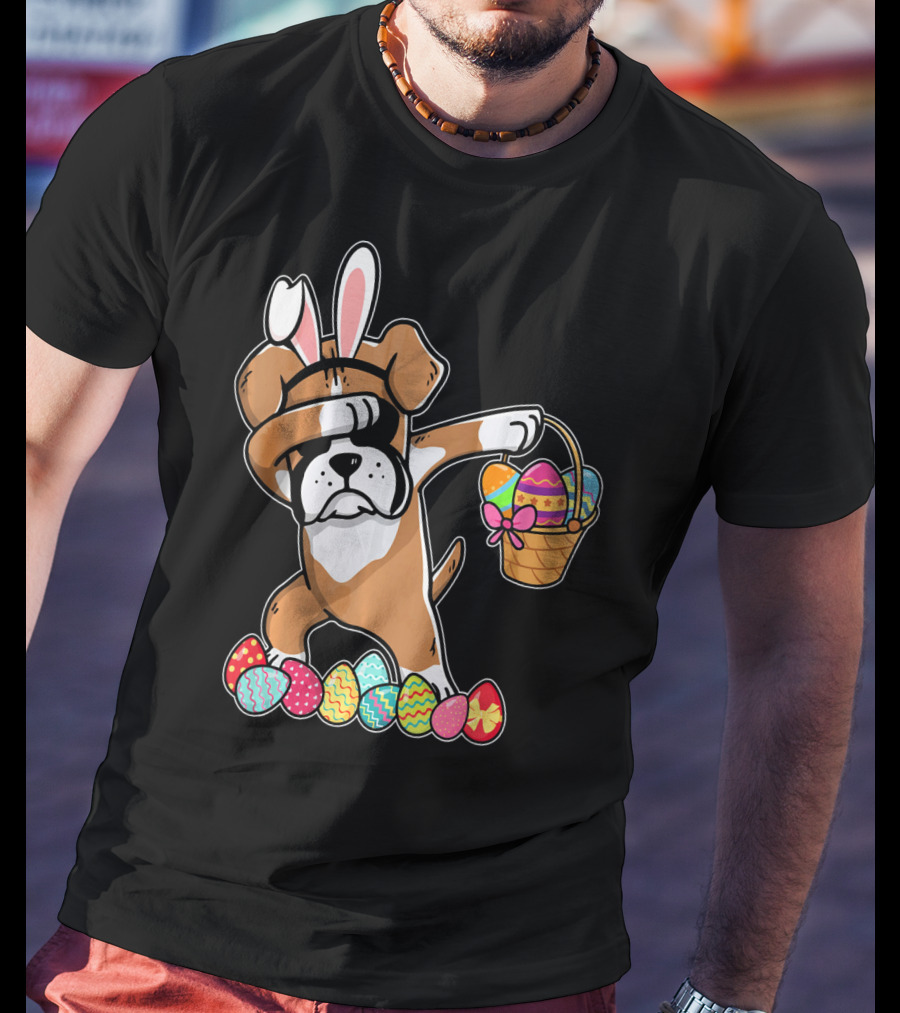 Boxer Dabbing As Easter Bunny With Basket And Eggs T-Shirt