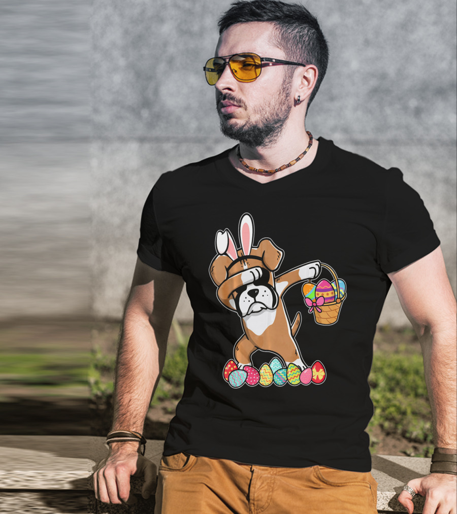 Boxer Dabbing As Easter Bunny With Basket And Eggs T-Shirt