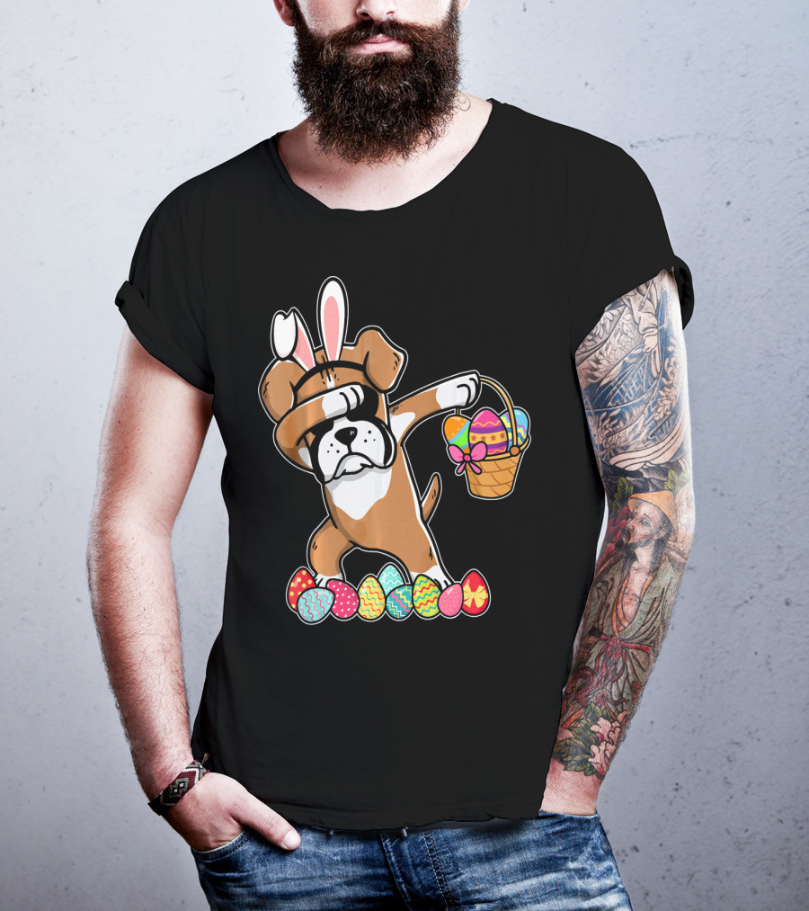 Boxer Dabbing As Easter Bunny With Basket And Eggs T-Shirt
