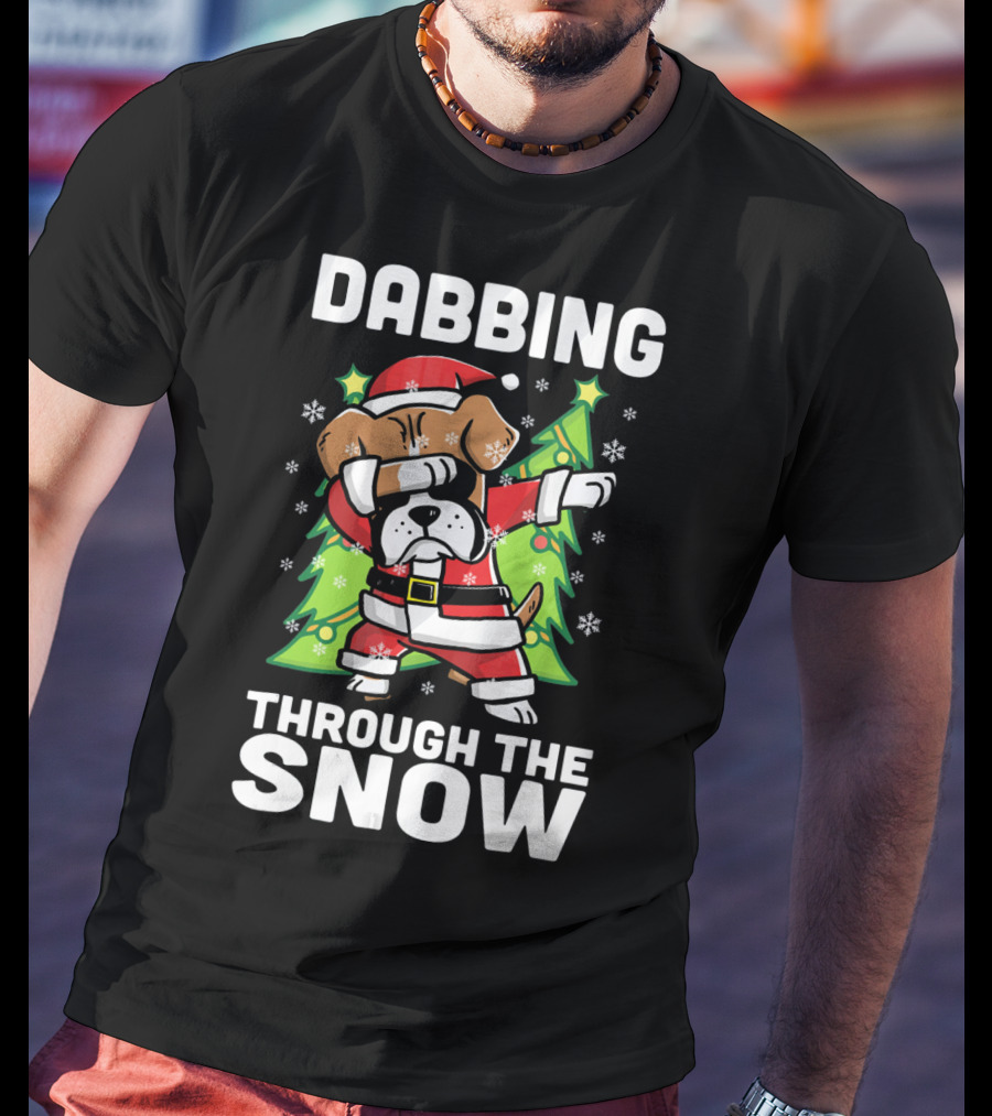 Dabbing Through The Snow Boxer Dog Santa Christmas Snowflakes Pine Trees T-Shirt