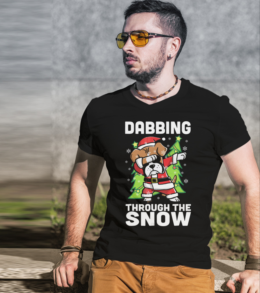 Dabbing Through The Snow Boxer Dog Santa Christmas Snowflakes Pine Trees T-Shirt