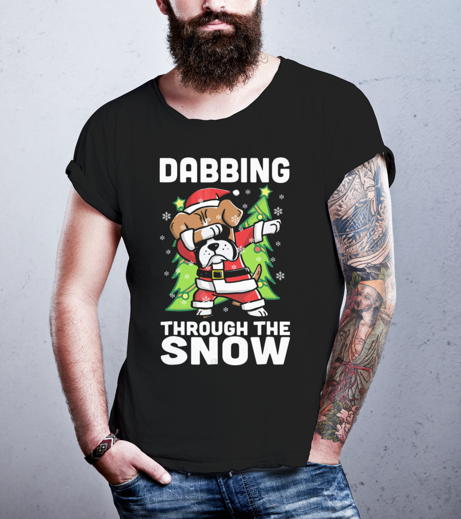 Dabbing Through The Snow Boxer Dog Santa Christmas Snowflakes Pine Trees T-Shirt