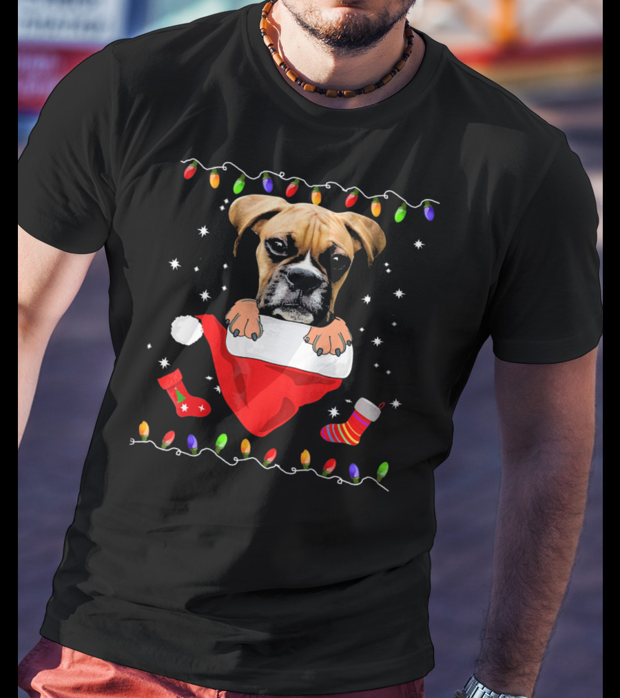 Festive Boxer Dog Christmas With Santa Hat And Holiday Lights T-Shirt