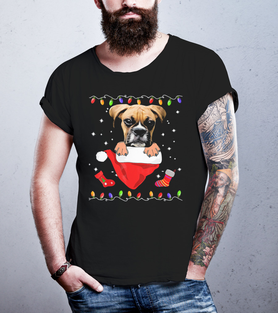 Festive Boxer Dog Christmas With Santa Hat And Holiday Lights T-Shirt