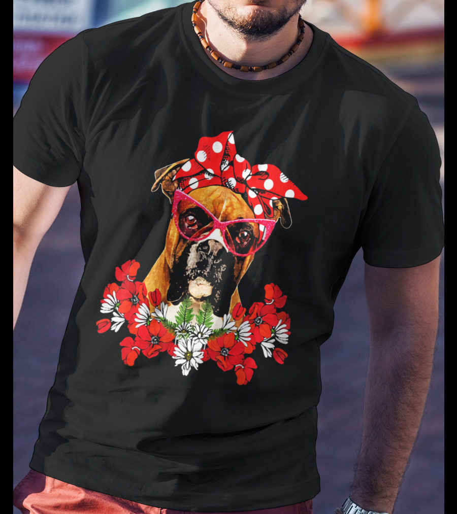 Boxer Dog Moms Red Polka Dot Bow Mixed Flower Arrangement T-Shirt