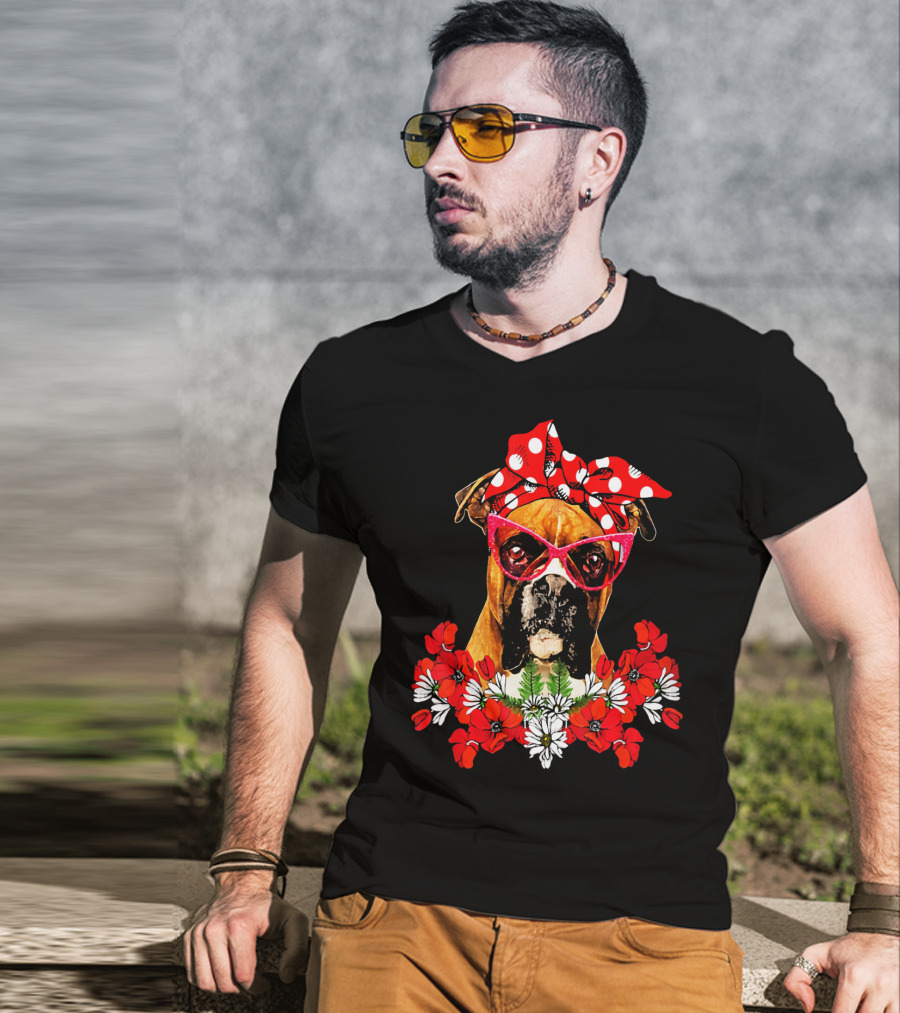 Boxer Dog Moms Red Polka Dot Bow Mixed Flower Arrangement T-Shirt