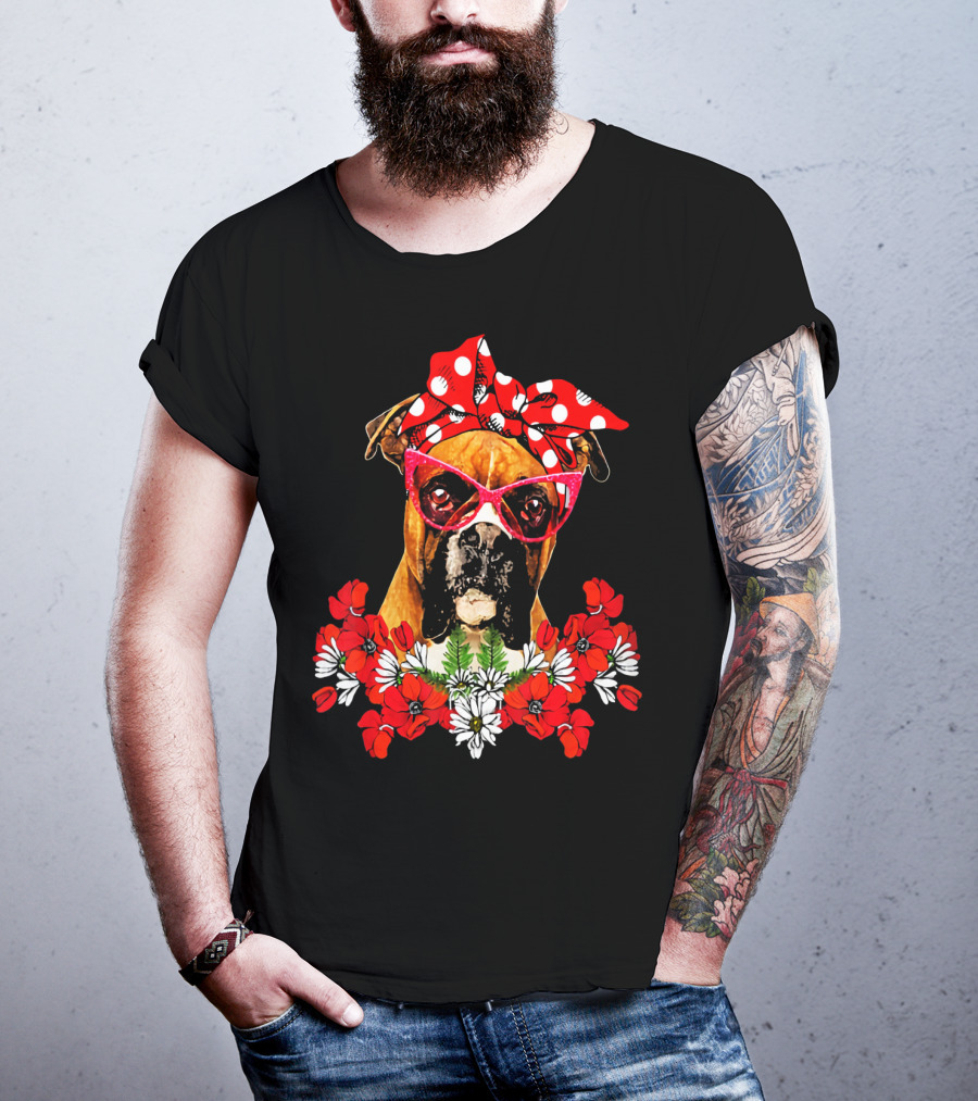 Boxer Dog Moms Red Polka Dot Bow Mixed Flower Arrangement T-Shirt