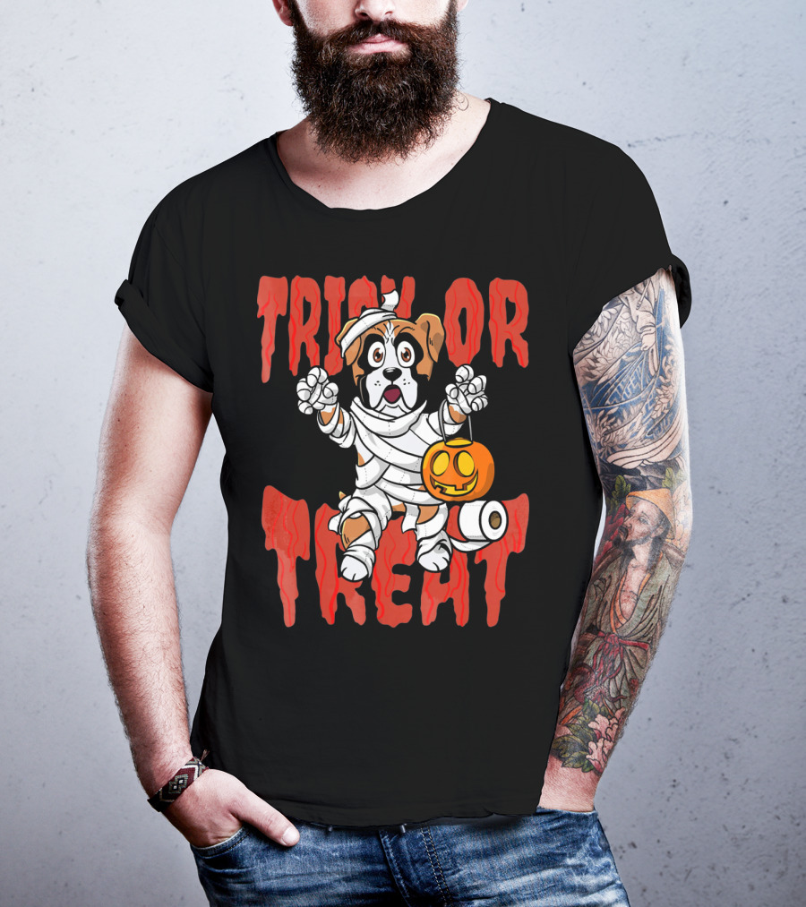 Trick Or Treat Boxer Dog Mummy With Pumpkin And Toilet Paper Rolls T-Shirt