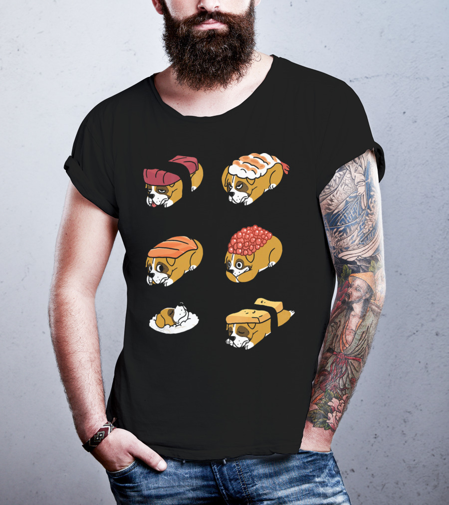 Boxer Dog Nigiri Sushi Funny Dog Boxer Sushi Roll Humor Nigiri Boxer Pups Sushi Styled Boxer Dogs T-Shirt