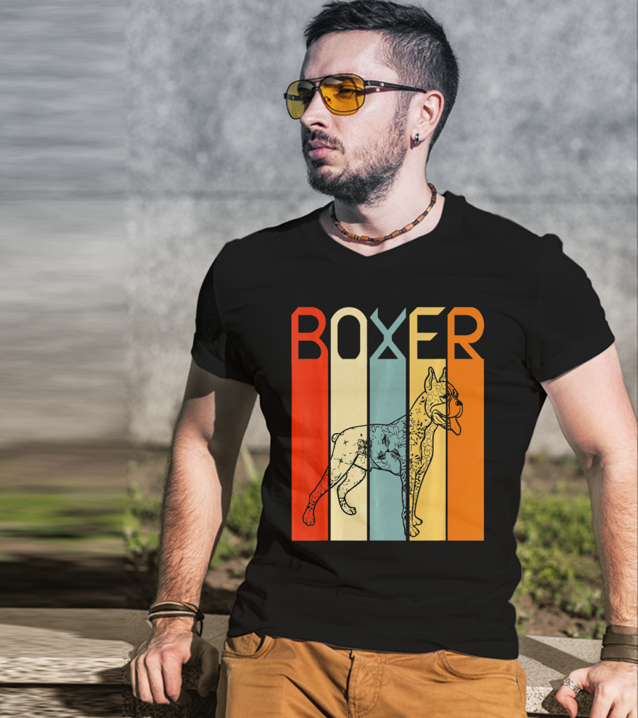Boxer Dog Retro Stripes Outline T-Shirt