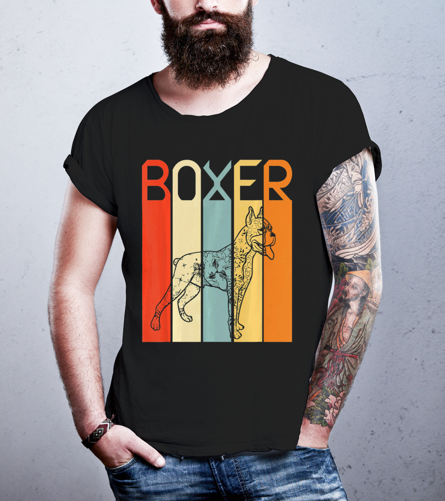 Boxer Dog Retro Stripes Outline T-Shirt