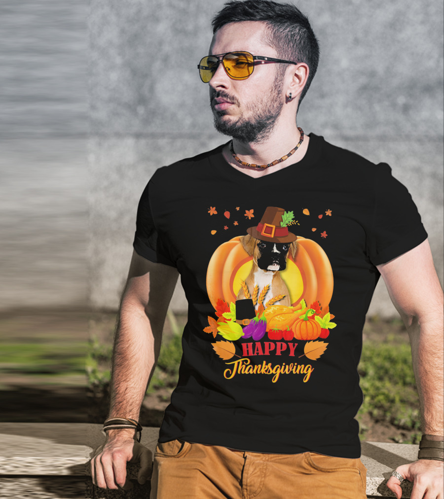 Boxer Dog In Pilgrim Hat Happy Thanksgiving Pumpkin Harvest T-Shirt