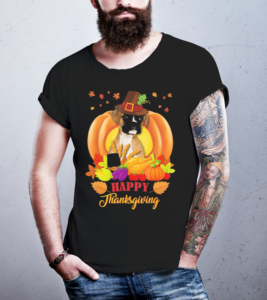 Boxer Dog In Pilgrim Hat Happy Thanksgiving Pumpkin Harvest T-Shirt