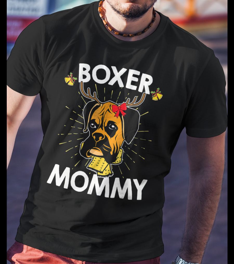 Boxer Mommy Reindeer Antlers Christmas Lights Bow Scarf Dog T-Shirt