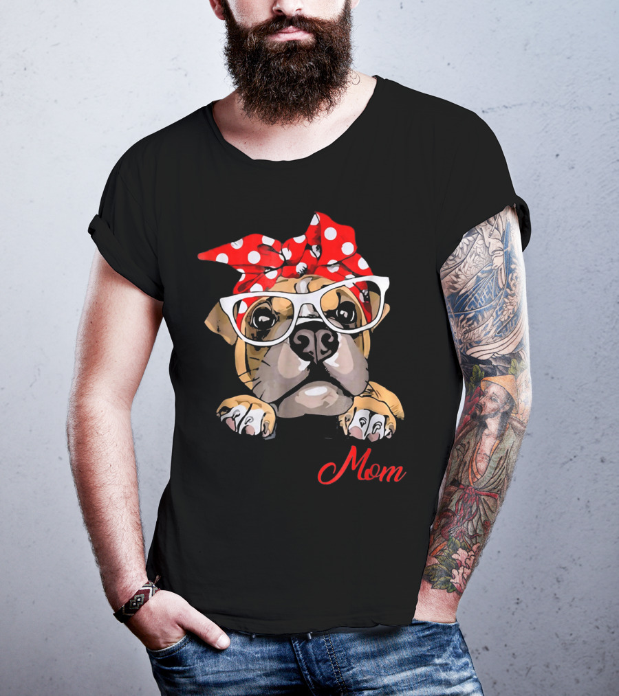 Boxer Mom Dog With Polka Dot Headband And Glasses T-Shirt
