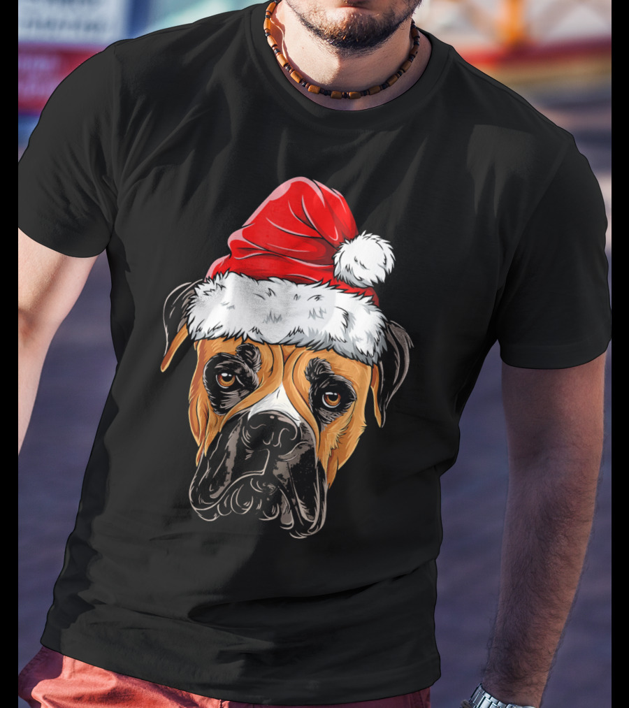 Boxer Dog Wearing Santa Hat T-Shirt