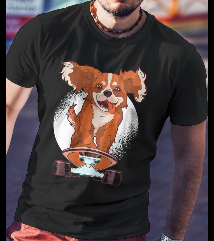 Cavalier Dog On Skateboard With Happy Expression And Energetic Pose T-Shirt