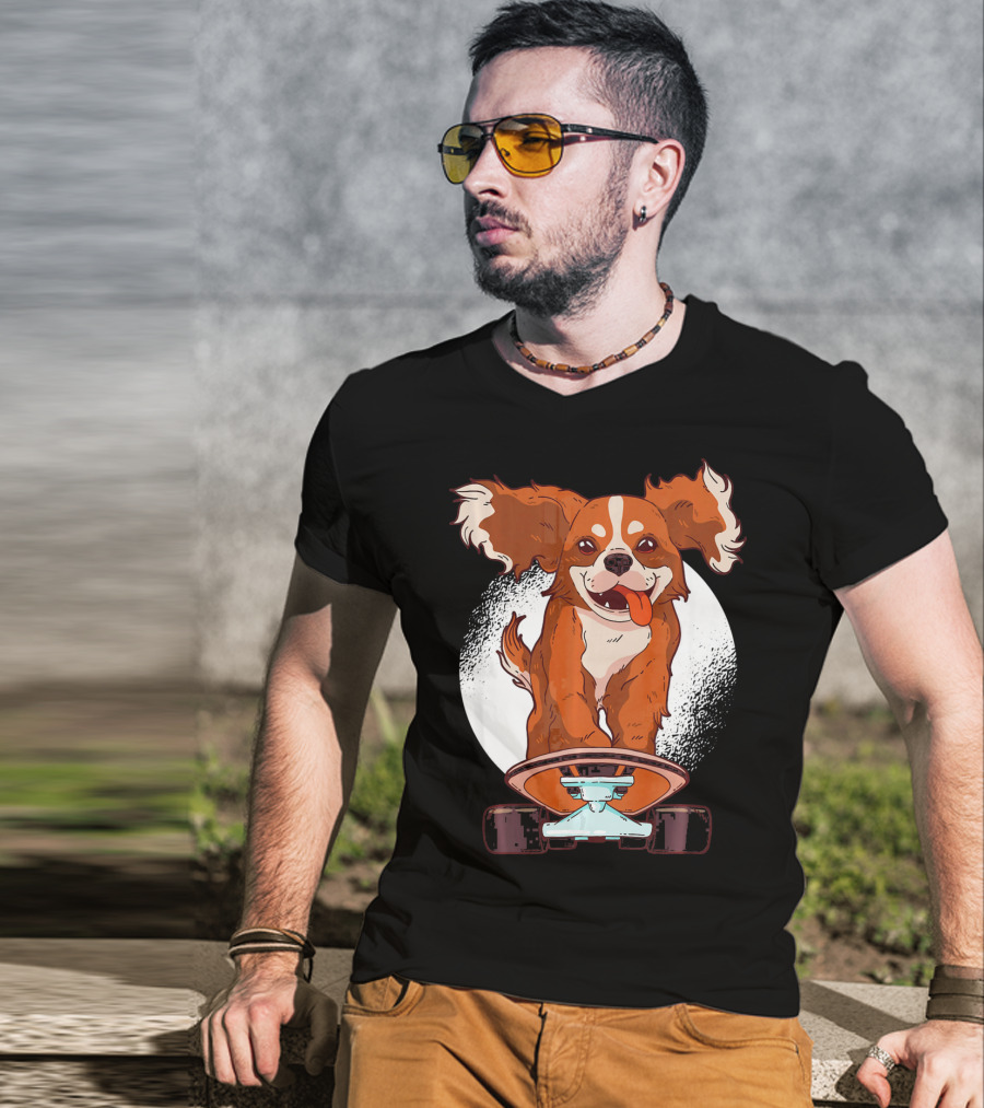 Cavalier Dog On Skateboard With Happy Expression And Energetic Pose T-Shirt