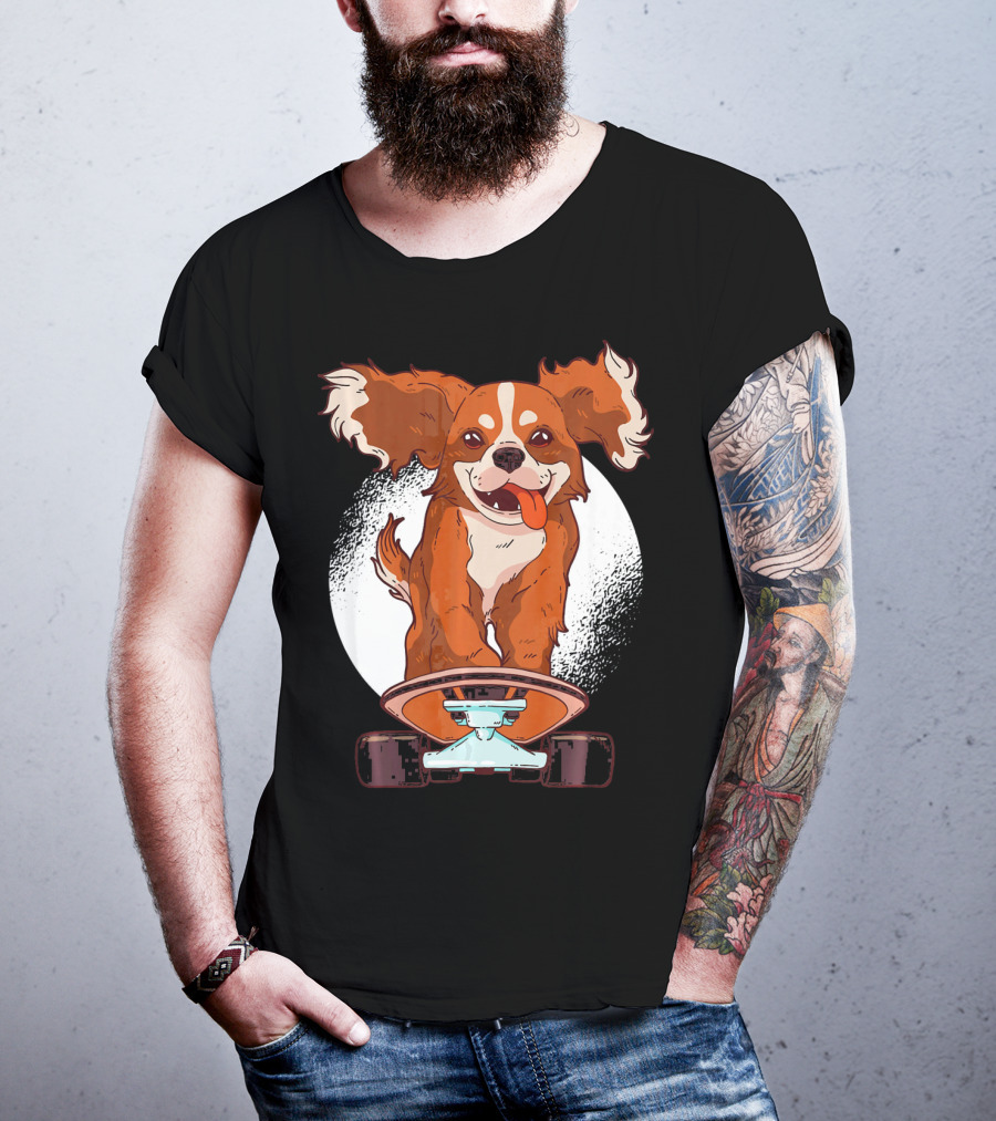 Cavalier Dog On Skateboard With Happy Expression And Energetic Pose T-Shirt