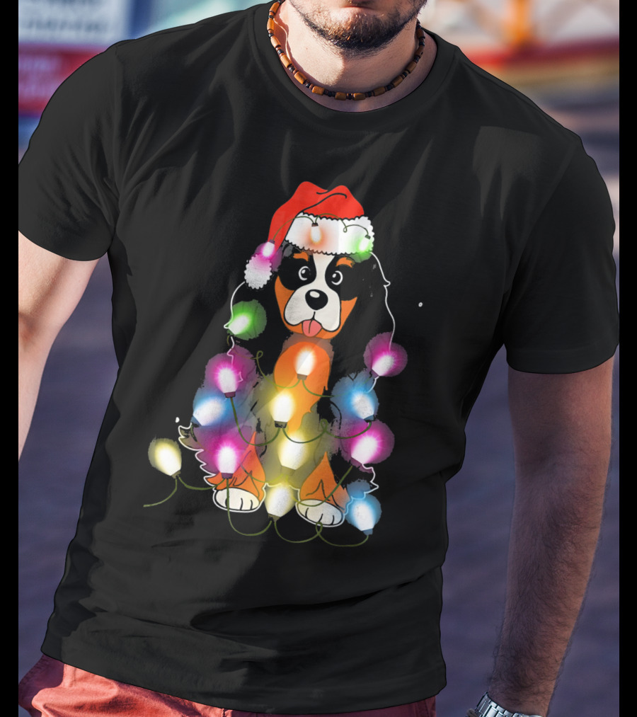 Cavalier King Charles Spaniel Festive Christmas Lights With Santa Hat T-Shirt
