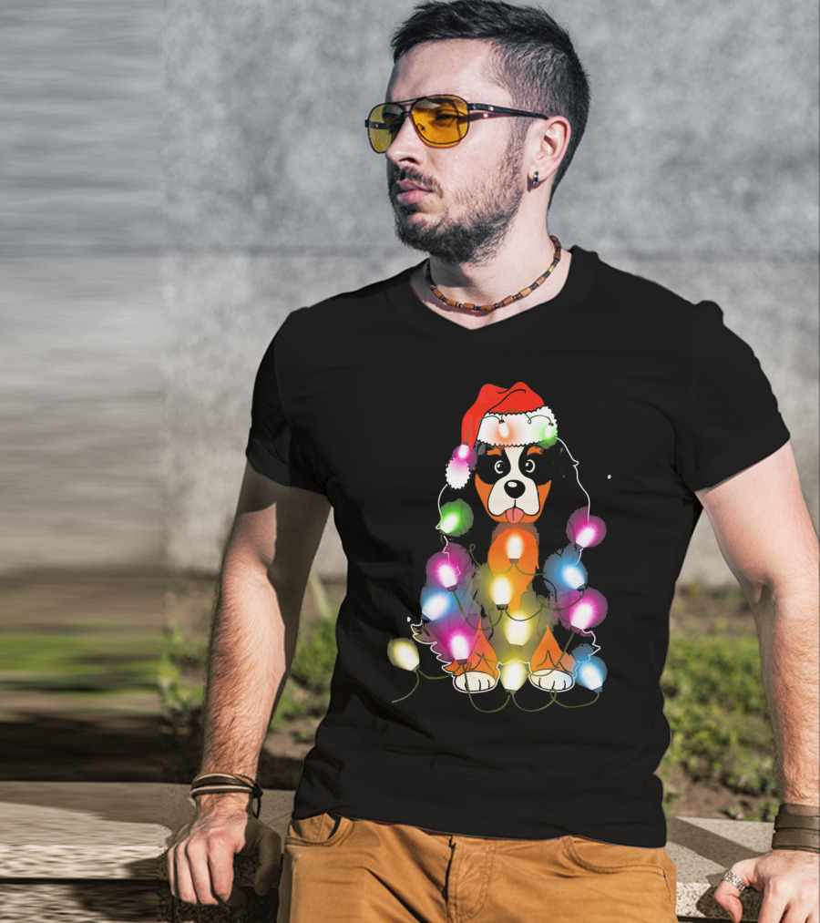 Cavalier King Charles Spaniel Festive Christmas Lights With Santa Hat T-Shirt