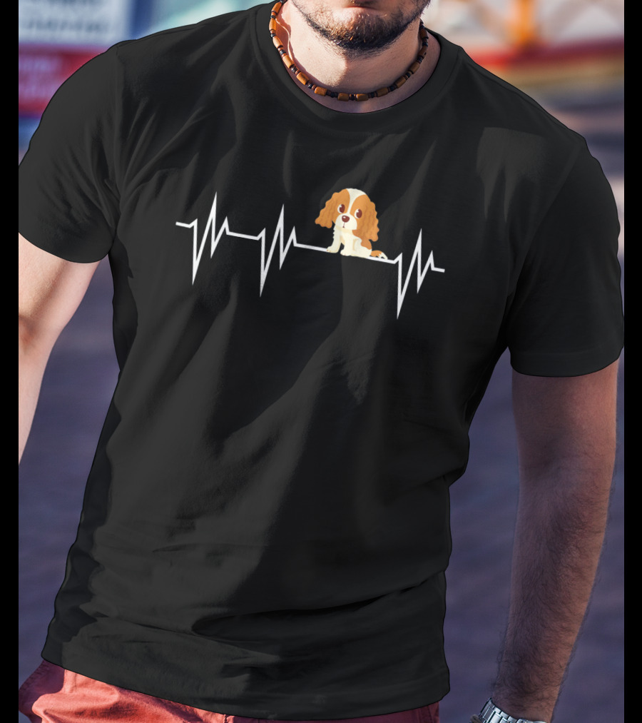 Cavalier King Charles Spaniel Heartbeat EKG Line With Cartoon Puppy T-Shirt